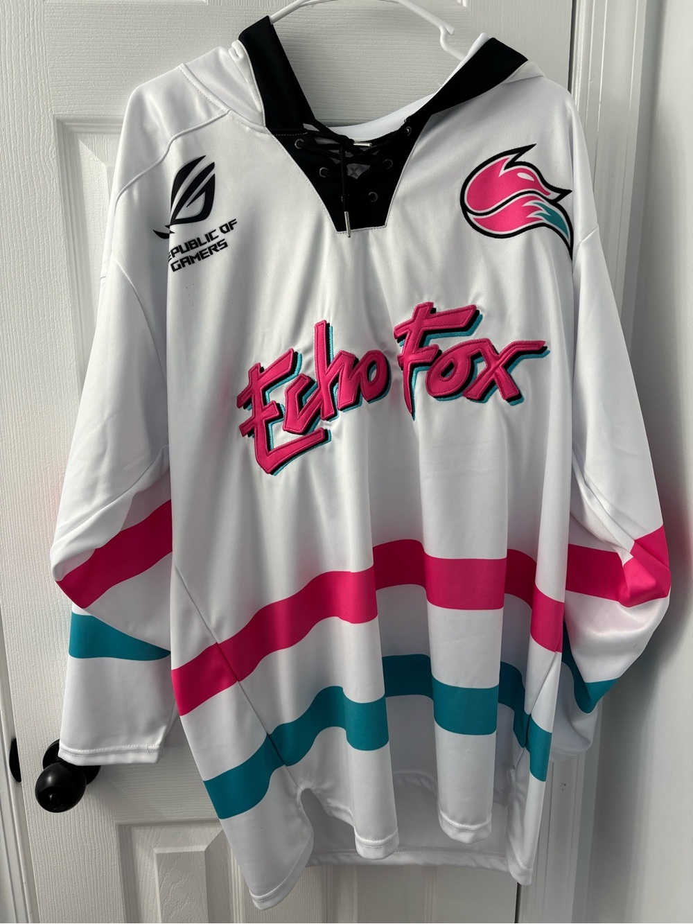 Echo Fox Men’s White Lace-Up Hoodie Jersey with Pink & Teal Stripes